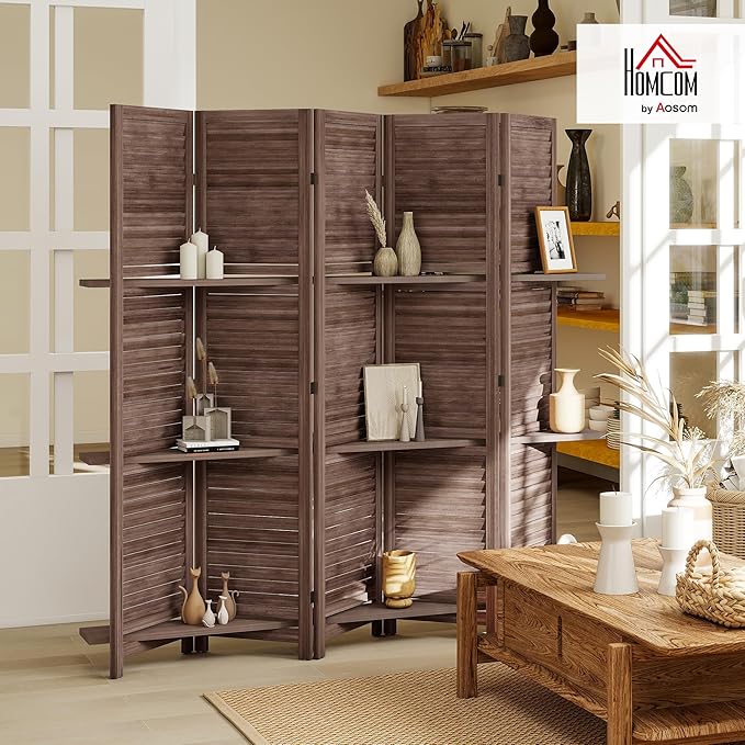 HOMCOM Room Divider, 5 Panel 67" Tall Wood Privacy Screen with 3 Display Shelves, and Folding Storage for Bedroom or Home Office, Walnut