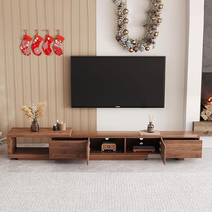 NessCarsti Mid Century Modern TV Stand for 75+ Inch TVs, Extendable Media Console (78"-103") with Ample Storage - Sleek Walnut Entertainment Center for Living Room