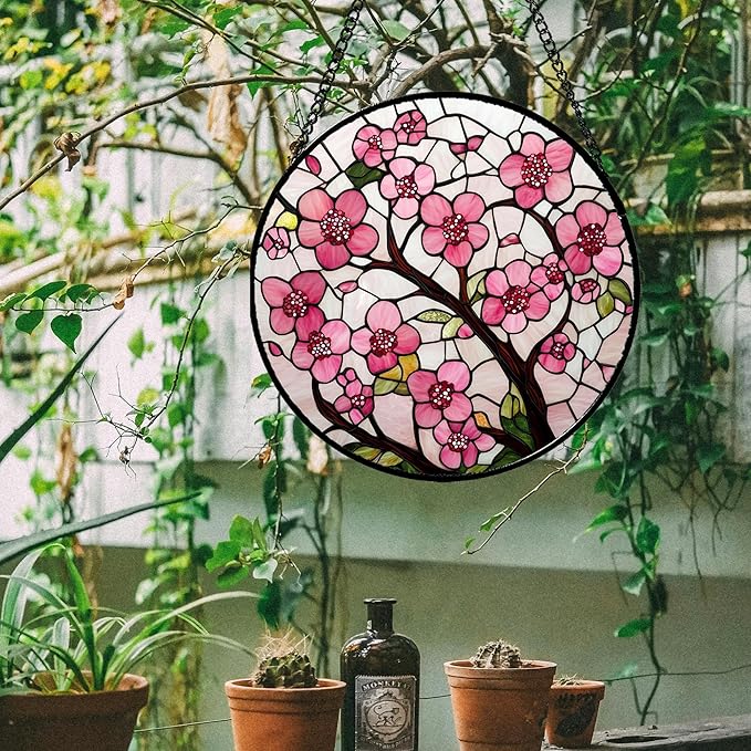CRISGIF Stained Glass Window Hanging - Cherry Blossoms Birth Flower Suncatcher for Door Garden Patio Sun Catchers Decor Christmas Mother's Day Birthday Gifts for Women Mom Nana Friend Wife 15 in