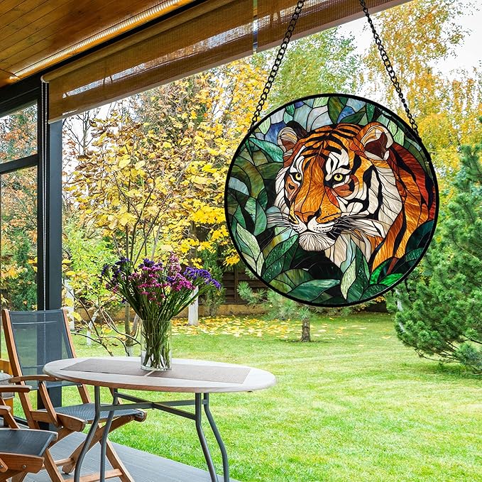 AMDERVEN Stained Glass Window Hanging, Fierce Tiger Sun Catcher for Door Home Decor Wild Animals Suncatcher Christmas Mother's Day Birthday Gifts for Women Men Mom and Nana 7.8 in