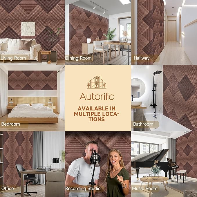 Autorific Acoustic Wall Panels,6 Pack Total Size 72 x 48 Inches,Self-Adhesive Decorative Acoustic Panels for Wall and ceiling,3D UV Printing with Wood Look,Red Sandalwood