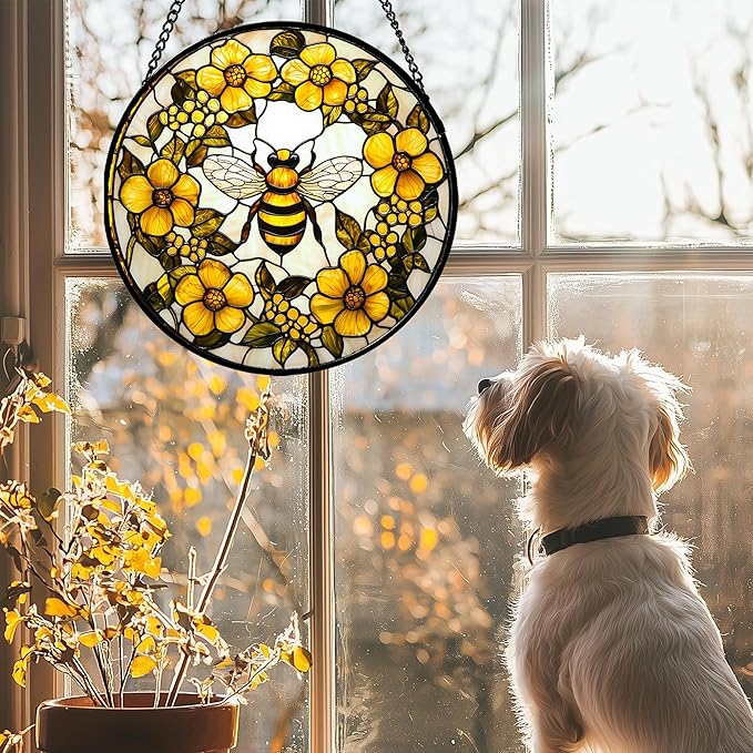 AMDERVEN Stained Glass Window Hanging - Yellow Flowers Surrounded by Bees Sun Catcher for Door Garden Home Decor Cute Suncatcher Christmas Mother's Day Birthday Gifts for Women Men Mom Nana 11.8 in