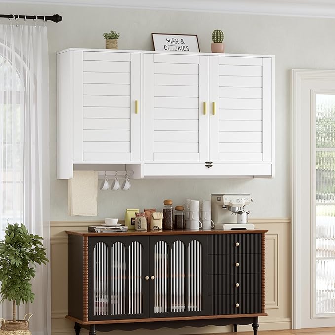 PAKASEPT 44.8" W Kitchen Wall Cabinet, Laundry Room Cabinets - Bathroom Wall Cabinet with Flip-Bottom Drawer and Hanging Rod, Storage Cabinets for Bathroom, Kitchen, Entryway, Laundry Room