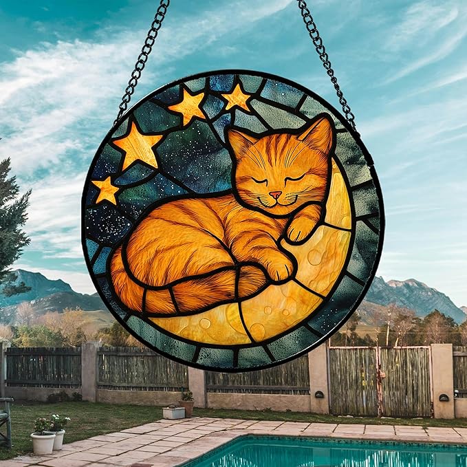 AMDERVEN Stained Glass Window Hanging - Orange Cat Sun Catcher for Door Home Decor Stars and Moon Suncatcher Christmas Mother's Day Birthday Loss of a Pet Gifts for Women Men Mom Nana 11.8 in