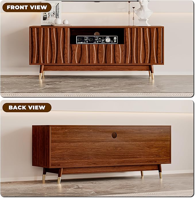 ATJafurn 55‘’ Brown Walnut Finish TV Stand for 32/43/55 Inch TVs, Mid Century Modern Wood Media Console Entertainment Center with Drawer and 2 Cabinets for Living Room Bedroom