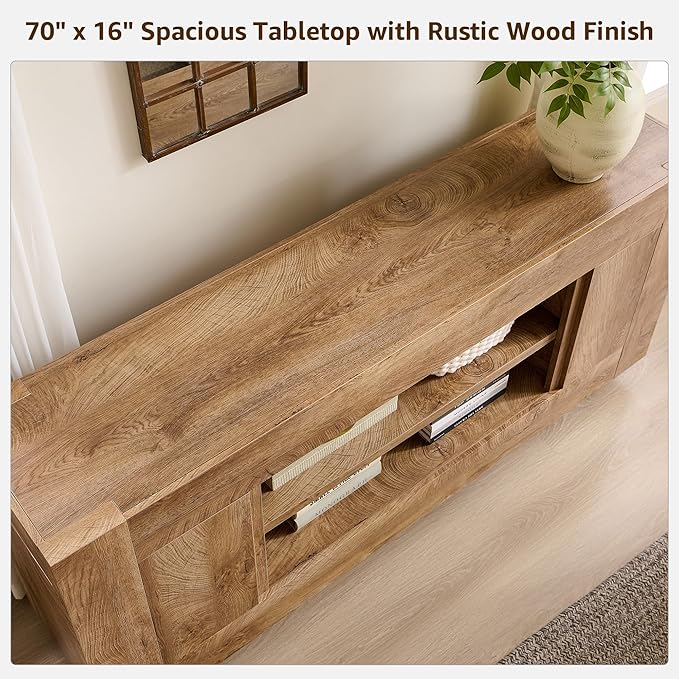 OKD Modern 70" TV Stand, Entertainment Center for TVs Up to 80", Media Console with Large Open Storage & Side Cabinets, Thick Wood Design for Living Room, Light Knotty Oak
