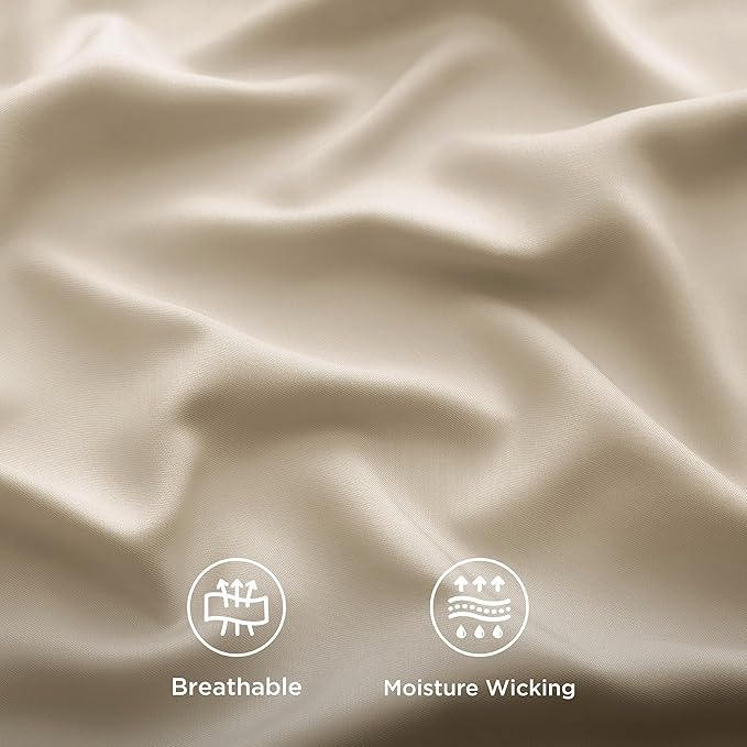 Bedsure Queen Sheet Set, Rayon Derived from Bamboo, Cooling Sheets, Deep Pocket Up to 16", Breathable & Soft, Hotel Luxury Silky Bedding for Hot Sleepers, Beige