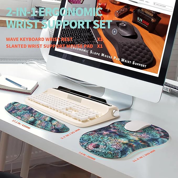 KUOSGM 2-in-1 Ergonomic Set, Wave Rise Keyboard Wrist Rest and Massage Bulge Slope Mouse Pad Wrist Support, Cushion Memory Foam Integrated to Relieve Wrist Pain, Galaxy Mandala