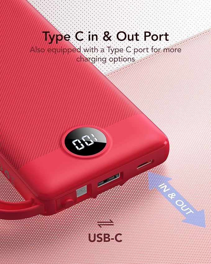 VRURC Portable Charger, 10000mAh Power Bank Built in Cables for iPhone, Slim Compact Travel Essential, 5 Outputs 2 Inputs USB C Battery Pack for iPhone 17 16 15 14 13, Samsung, Android etc-Magenta