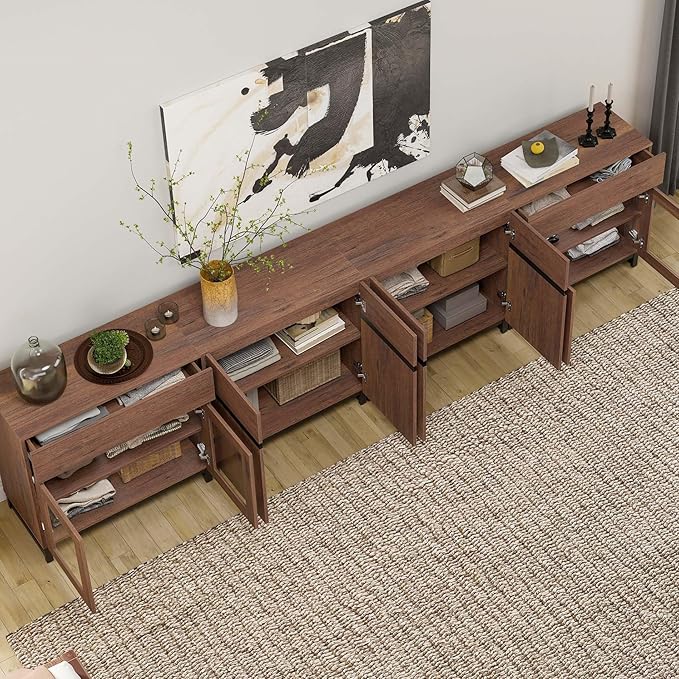 WAMPAT Modern TV Stand for TVs up to 120 inch, 4 in 1 TV Console with Glass Doors and 2 Drawers, Entertainment Center with Adjustable Shelf for Living Room, Bedroom, Brown