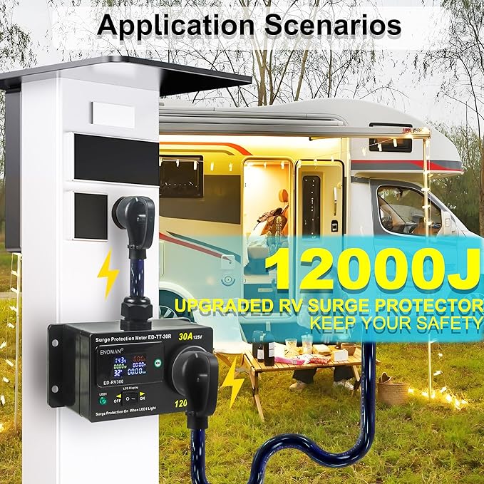 ENDMAN RV 30 Amp Surge Protector with Power Meter (kWh) - 12,000 Joules High Surge Guard - Real-Time Voltage & Amp Monitor for Travel Trailers (NEMA TT-30P)