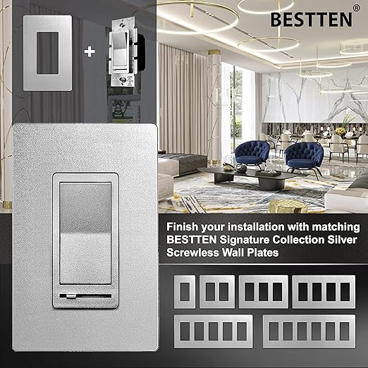 BESTTEN 10 Pack Matte Silver Dimmer Light Switch, Single Pole or 3-Way, Compatible with Dimmable LED, CFL, Incandescent and Halogen Bulb, LED Slide Dimmer Wall Switch, 120VAC, UL Listed