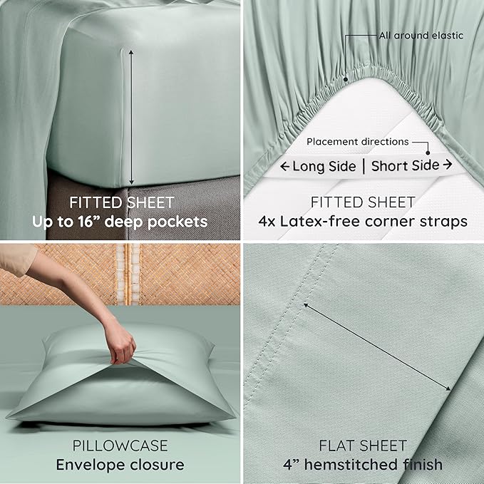 Bambaw 100% Viscose Derived from Bamboo Sheets Queen Size Set – 6pcs Deep Pocket Cooling Queen Sheets, Fits Up to 16'' with Elastic Corner Straps, Buttery Soft & Breathable (Sea Glass)
