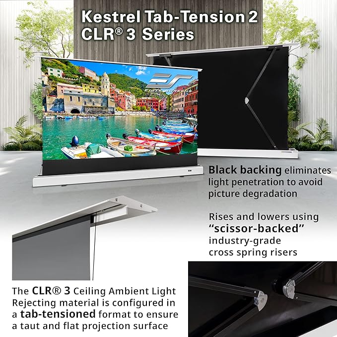 Elite Screens Kestrel Tab-Tension 2 CLR3, 121" 16:9, Ultra-Short Throw Ceiling Ambient Light Rejecting (CLR/ALR) Electric Floor-Rising Motorized Front Projector Screen, White Casing, FTE121XH3-CLR3