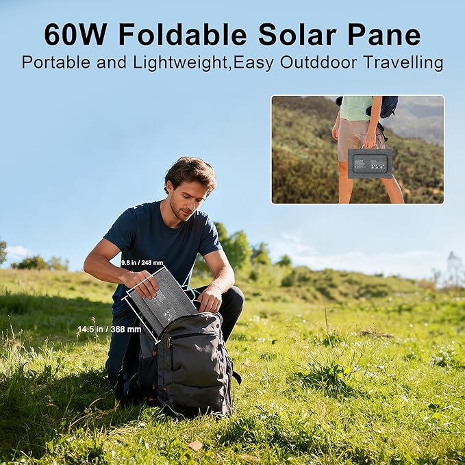 E-POWO 60W Portable Solar Panels Chargers with USB-C, USB-A and DC Outputs Foldable IP67 Waterproof Solar Panel for Camping,Power Emergency for Small Power Station,Phones, Power Banks