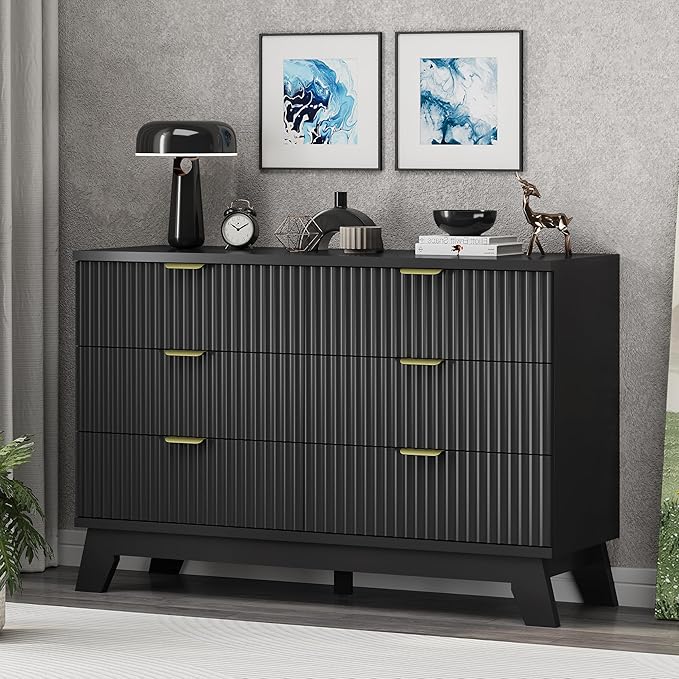 Xixini Fluted Dresser for Bedroom with 6 Drawers, 48" Wide Wooden Chest of Drawers with Metal Handle, Modern Dresser TV Stand, Wood Closet Clothes Storage Organizer for Living Room, Hallway, Black