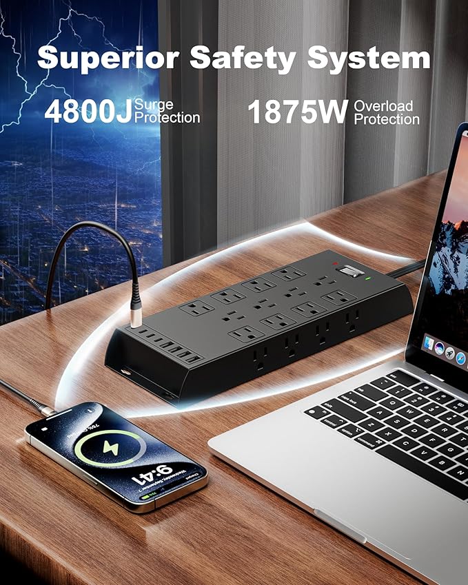Surge Protector Power Strip 4800J, LeZone 10Ft Long Extension Cord Flat Plug, 20 Outlets 8 USB Ports(4 USB-C), Wall Mountable, Desk Charging Station, Black