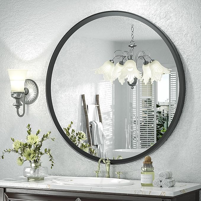 20 Inch Matte Black Round Mirror, Round Bathroom Vanity Mirror wilth Metal Frame, Black Circle Mirror for Wall Entryway Hallway Home Decor, Anti-Rust, Shatterproof