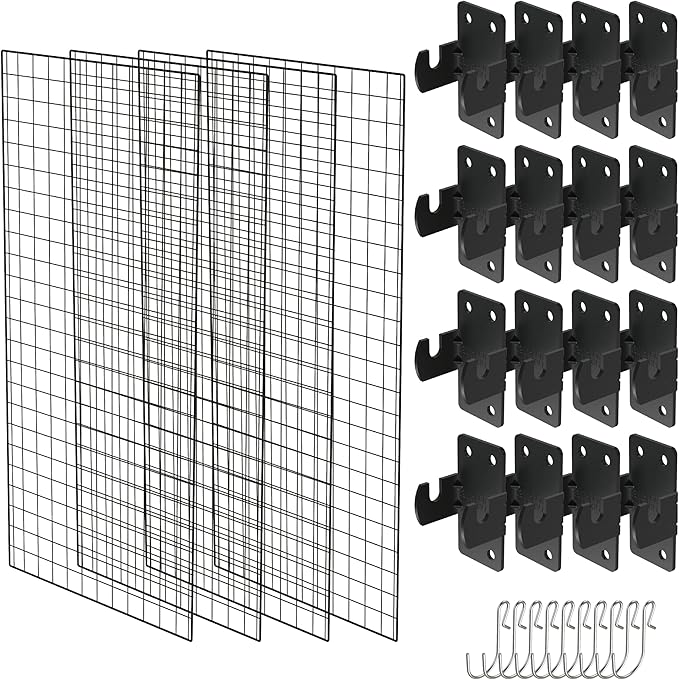 NACETURE Grid Wall Panels- 4 Pcs 2x4 ft Black Grid Wall Panel Display with 16 Gridwall Hooks & 10 S-Hooks, Space Saving Wire Mesh Panels for Retail, Garage, Home & Office Storage