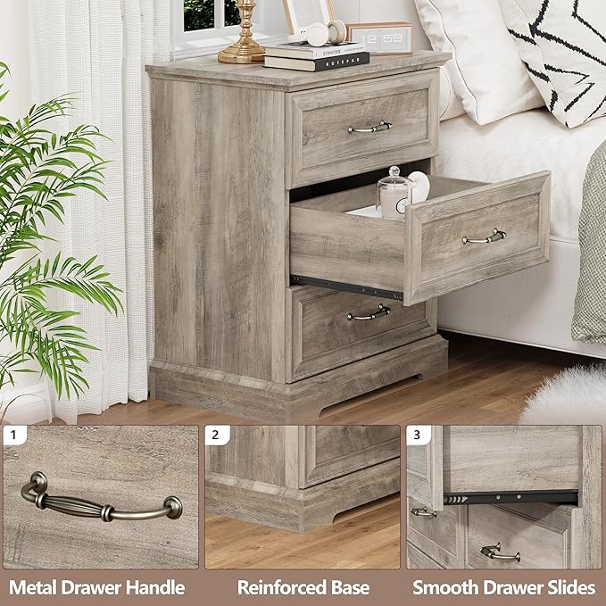 Nightstand with 3 Large Drawers,24" Wide End Table with Metal Handles,Rustic Farmhouse Wood Small Dresser,Bedside Table,Modern Chest of Drawers for Bedroom,Living Room,Grey