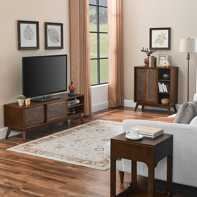 LKTART TV Stand for TVs up to 65'',Mid Century Modern Entertainment Center with Rattan Sliding Door,Boho Media Console for Living Room(Dark Walnut, 59")