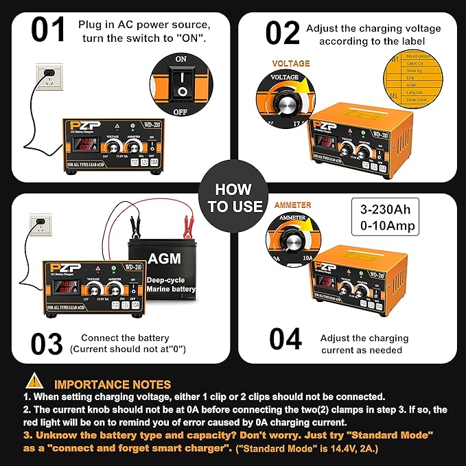 PZP 12V Manual Battery Charger Maintainer, 0 to 10A Arbitrarily Adjustable Car Battery Trickle Charger, Battery Desulfator with Repair, Winter Mode, Suitable for Lawn Mower, AGM, Deep Cycle Batteries