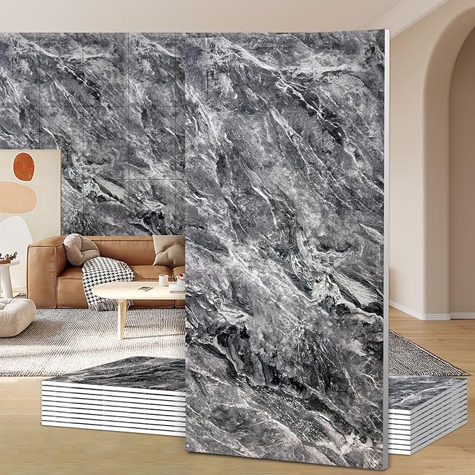 Wall Panels Peel and Stick，PVC Imitation Artificial Marble Tiles Sticker，10 pcs 23.6" L x 11.8" W，Heat-Resistant Backsplash Tile，Ideal for Kitchen Bathrooms Living Rooms Bedrooms. (Ionian ash, 40pcs)