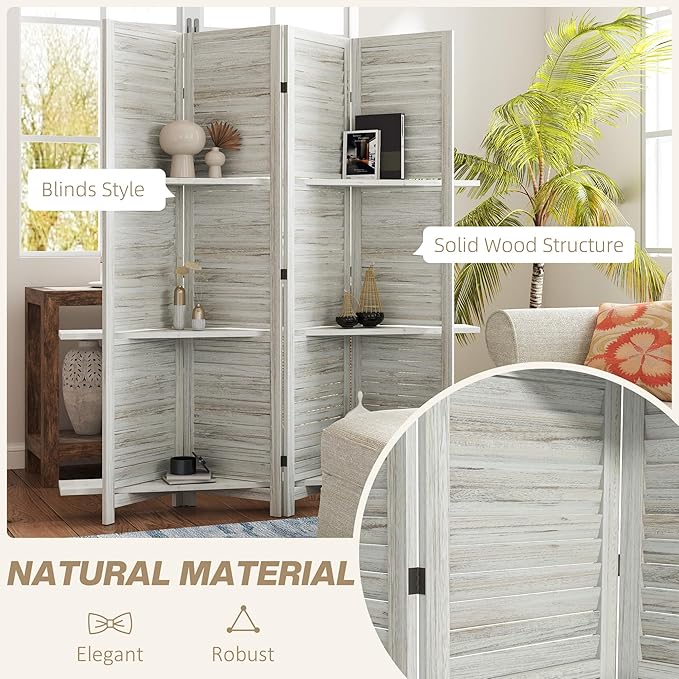 HOMCOM Room Divider, 4 Panel 67" Tall Wood Privacy Screen with 3 Display Shelves, and Folding Storage for Bedroom or Home Office, Distressed White
