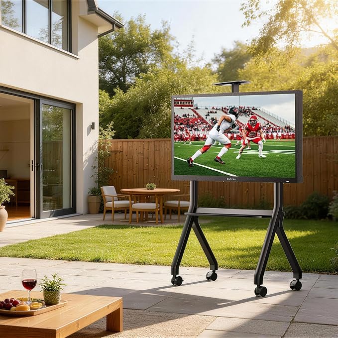 Sylvox Outdoor TV Rolling Cart, Heavy-Duty Y-Type Mobile TV Stand for 43–55 inch TVs, Weatherproof Alloy Steel, 360° Locking Wheels, Outdoor TV Cart with Adjustable Shelf, Fits VESA 100×100 to 700×500