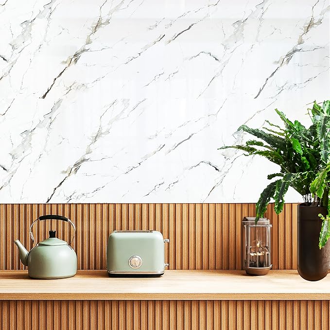 Dundee Deco Faux Marble Wall Panels - Sample - Glossy, Waterproof Indoor Wall Cladding - White, Grey, Tan Veins - Sample 6" x 6"