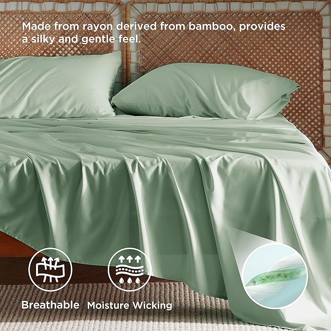 Bedsure Full Size Bed Sheets, Cooling Sheets, Rayon Derived from Bamboo, Breathable & Soft, Deep Pocket Up to 16 Inches, Hotel Luxury Silky Bedding for Hot Sleepers, Sage Green