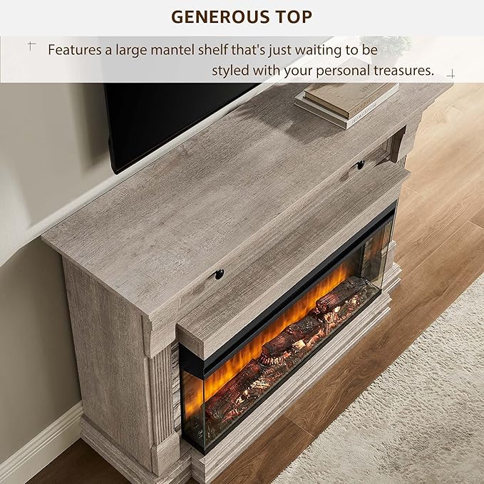 OKD 52 Inch Electric Fireplace with Mantel, Fireplace TV Stand with 36" 3-Sided Glass Electric Fireplace Heater for Living Room (Light Rustic Oak)