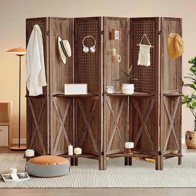 Aleesing 6 Panel Pegboard Display with Shelf, Wooden Pegboard Room Divider Wall with 24 Hooks, Partition Room Dividers and Folding Privacy Screens, Bedroom, Jewelry Store, Brown