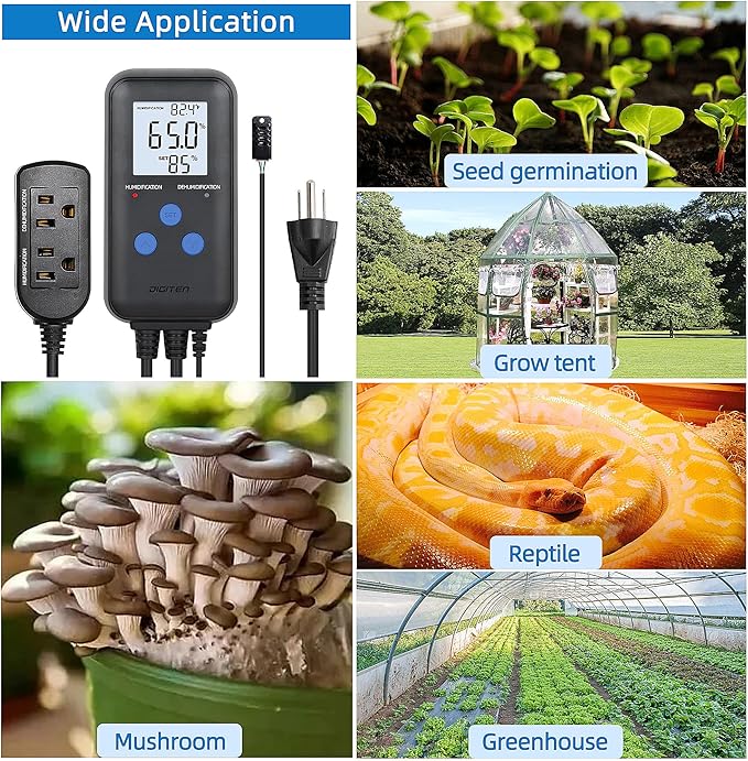 Digital Humidity Controller, Pre-Wired Humidity Controlled Dual Stage Outlets for Mushroom Growing, Reptile, Grow Tent, Humidifier/Dehumidifier