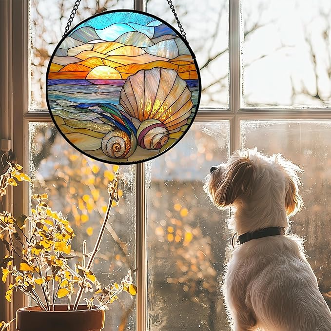 AMDERVEN Stained Glass Window Hanging - Colorful Beach Shells Conch Sun Catcher for Door Home Decor Ocean Suncatcher Christmas Mother's Day Birthday Sea Lover Gifts for Women Men Mom Nana 6.3 in