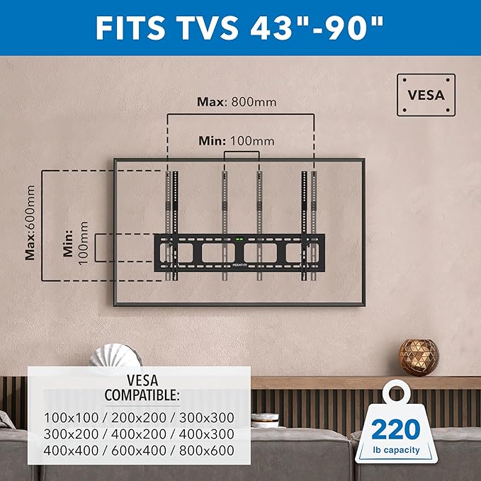 Mount-It! Low-Profile Tilt TV Wall Mount | Ultra-Slim Bracket for 43-90 Inch TVs | Downward Tilt for Anti-Glare | Heavy-Duty Steel Holds 220 lbs | VESA 800x600 | Stud & Concrete Installation