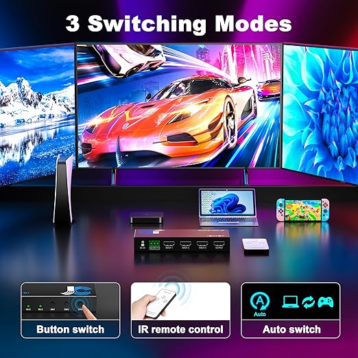 HDMI Switch 3 in 1 Out 4K@60Hz, 3Ports HDMI Switcher Splitter Selector with Remote, Support HDCP 2.2 HDR 10+ Dolby Vision/Atmos 18Gbps CEC for Apple TV Game PC PS4 5 Pro Xbox Roku