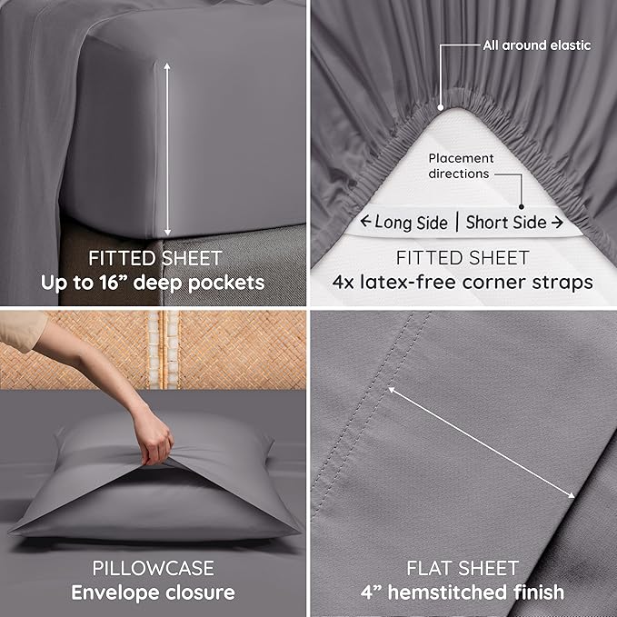 Bambaw 100% Viscose Derived from Bamboo Queen Sheet Set – 4pcs Soft Bedding Set, Deep Pocket Queen Cooling Sheets Fits Up to 16'' with Elastic Corner Straps (Dark Gray)