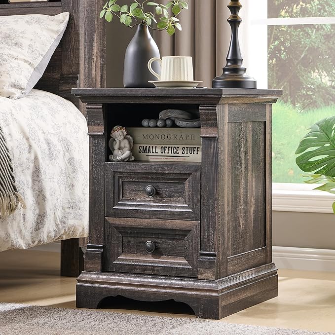 T4TREAM Farmhouse Nightstand Set of 2, 18" Sofa Side Table with Charging Station, Wood End Table w/Roman Column, Bedside Cabinet for Bedroom, Living Room, Dark Rustic Oak