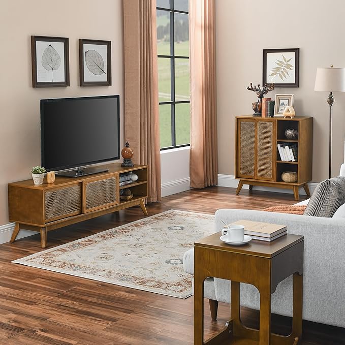 LKTART Mid Century Modern TV Stand for 55/60/65 inch TV,Boho Rattan Media Console with Sliding Doors for Living Room (Light Walnut, 59")