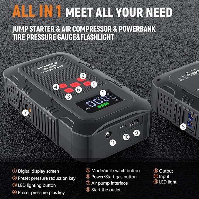 HPBS 6000A Jump Starter with Air Compressor, Portable Car Battery Jump Starter with 150 PSI Tire Inflator for Up to 10.0L Gas and 8.0L Diesel Engines, 12V Jump Box with LCD Display