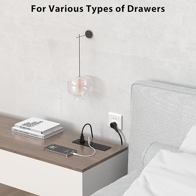 Furniture Drawer Outlet, Recessed Power Strip with (3) PD 20W USB Ports Fast Charging & (3) 15 Amp AC Outlets, (14 AWG) 5 FT Spring Black Cord