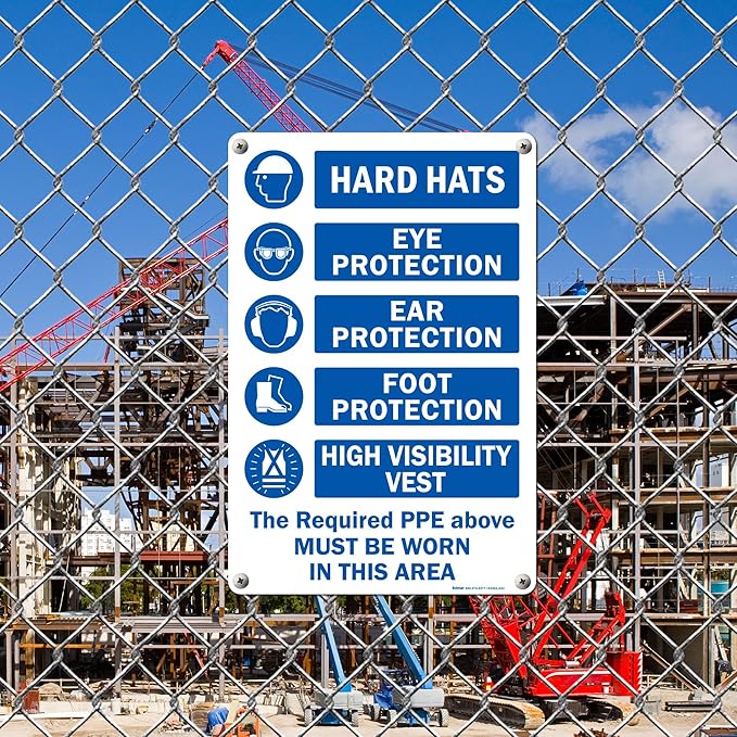 Brimar - 12" x 18" - The Required PPE Must Be Worn Sign - .063″ White Rust-Free Aluminum - Bold Text - Easy Installation