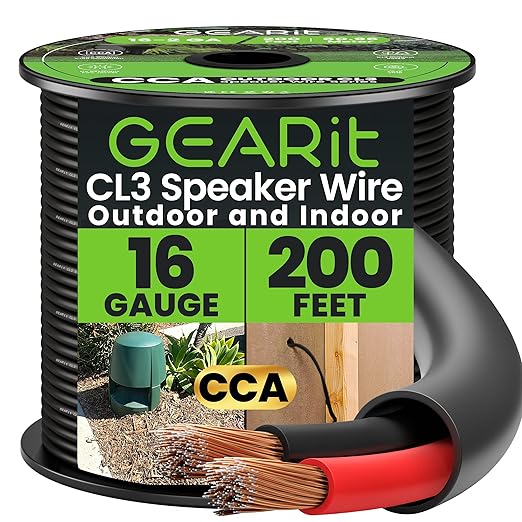 GEARit Outdoor Speaker Wire CL3 Rated, 16 Gauge Speaker Wire, Speaker Cable 200 ft for Outdoor Speakers, Patio, Garden, Backyard Audio, Direct Burial in Ground/in Wall, CCA (Black, 2-Conductors)