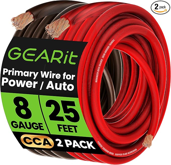 GEARit 8 Gauge Wire, for Automotive Power/Ground, Battery Cable, Car Audio, RV, Amp, CCA, Automotive Wire, Amp Kit, Battery Cables, Wiring Kit, (25 feet Each- Black/Red)