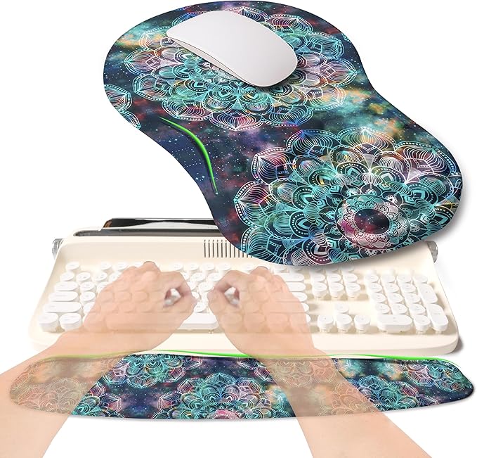 KUOSGM 2-in-1 Ergonomic Set, Wave Rise Keyboard Wrist Rest and Massage Bulge Slope Mouse Pad Wrist Support, Cushion Memory Foam Integrated to Relieve Wrist Pain, Galaxy Mandala