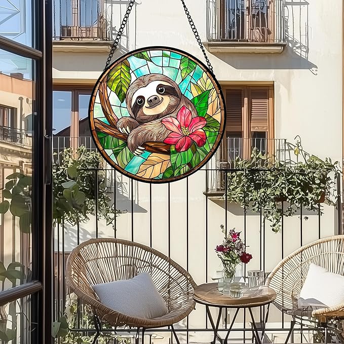 AMDERVEN Stained Glass Window Hanging, Cute Sloth Sun Catcher for Door Home Decor Animal Suncatcher Christmas Mother's Day Birthday Gifts for Women Men Mom and Nana 15 in