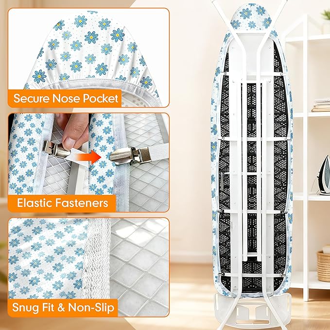 Ironing Board Cover and Pad, 18x49 Extra Wide Thick Iron Padding, Scorch & Stain Resistant Ironing board cover, Heavy Duty Iron Board Padded with Adjustable Fasteners Durable Elastic Edge, Daisy