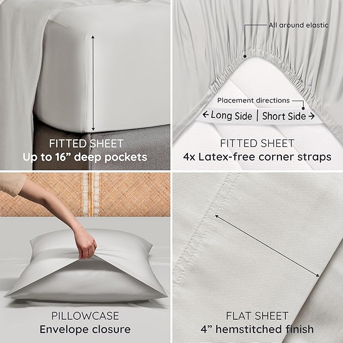 Bambaw California King Sheet Set 4pcs – 100% Viscose Derived from Bamboo Deep Pocket Sheets, Fits Up to 16'' Mattresses, Cooling Bed Sheets California King, Soft Bedsheets (Moonlight Gray)