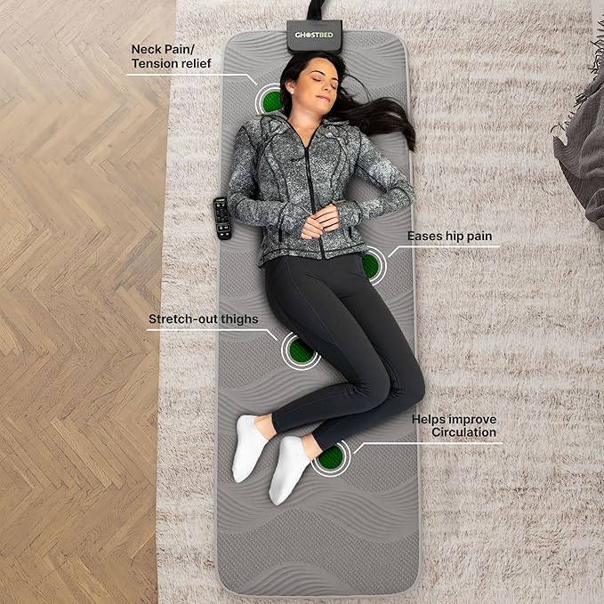 GhostBed Massage Mat with 3" Gel Memory Foam - 7 Full-Body Massage and Stretching Programs, Plus Vibration and Heat Therapy, Charcoal Grey